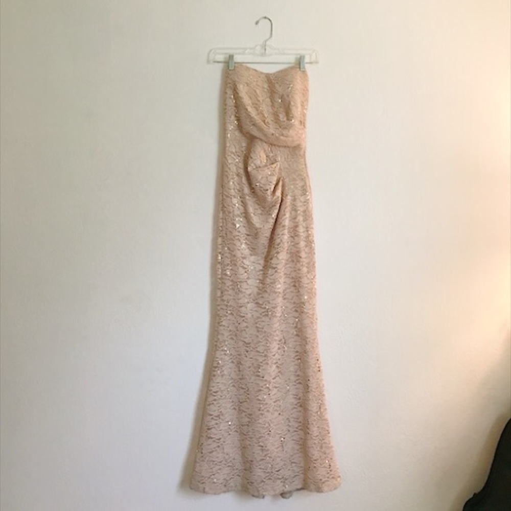 La Scala strapless long gold prom dress.